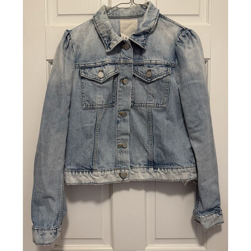 La Vie Rebecca Taylor Denim Jacket Puff Sleeve Cropped Frayed S
